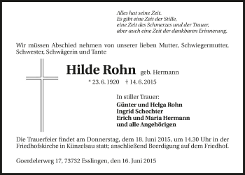 Traueranzeige von Hilde Rohn 