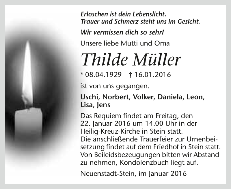  Traueranzeige für Thilde Müller vom 20.01.2016 aus 