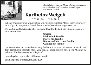 Traueranzeige von Karlheinz Weigelt 