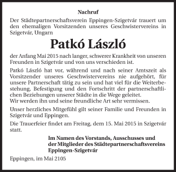 Traueranzeige von Patkó László 