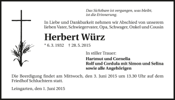 Traueranzeige von Herbert Würz 