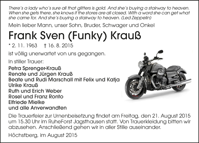  Traueranzeige für Frank Sven Krauß vom 18.08.2015 aus 