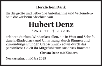 Traueranzeige von Hubert Denz 