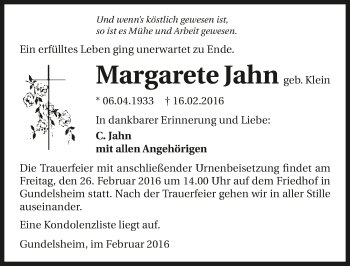 Traueranzeige von Margarete Jahn 