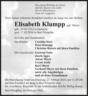 Traueranzeige von Elisabeth Klumpp 