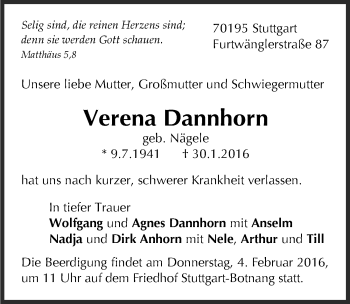 Traueranzeige von Verena Dannhorn 