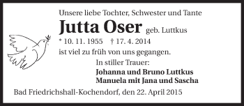 Traueranzeige von Jutta Oser 