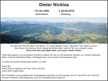 Traueranzeige von Dieter Nicklas 