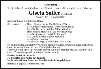 Traueranzeige von Gisela Sailer 