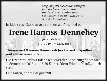 Traueranzeige von Irene Hanns-Dennehey 