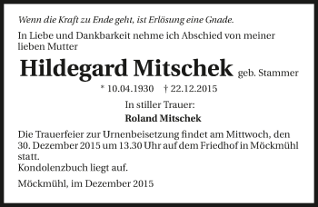 Traueranzeige von Hildegard Mitschek 