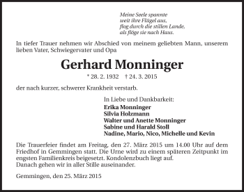 Traueranzeige von Gerhard Monninger 