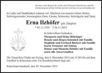 Traueranzeige von Erna Ilzhöfer 