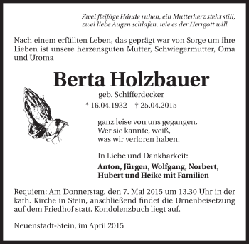 Traueranzeige von Berta Holzbauer 