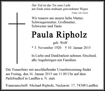 Traueranzeige von Paula Ripholz 