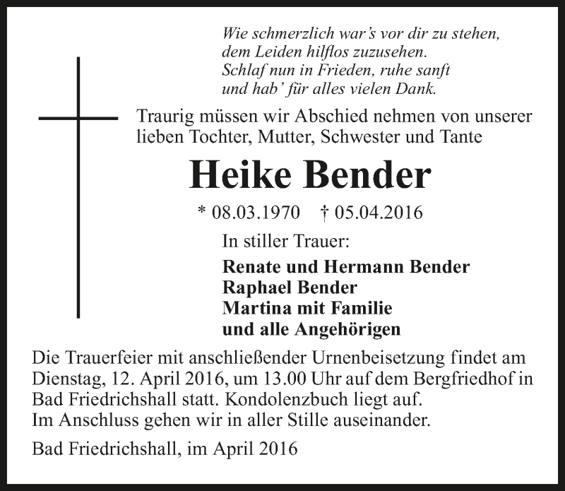  Traueranzeige für Heike Bender vom 09.04.2016 aus 