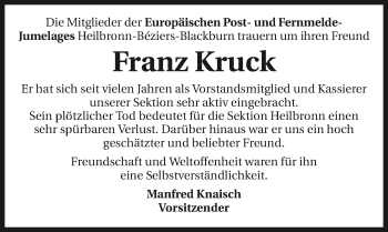 Traueranzeige von Franz Kruck 