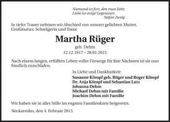 Traueranzeige von Martha Rüger 