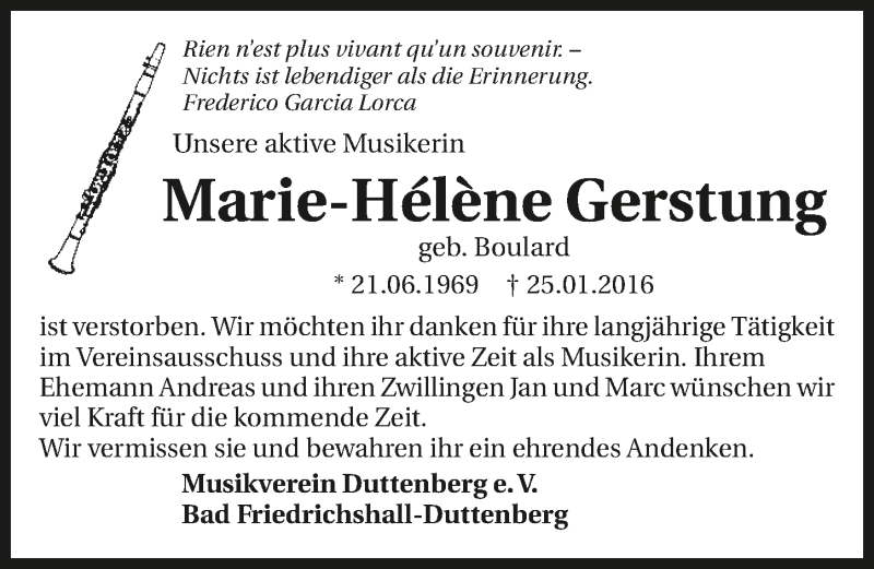  Traueranzeige für Marie-Hélène Gerstung vom 27.01.2016 aus 