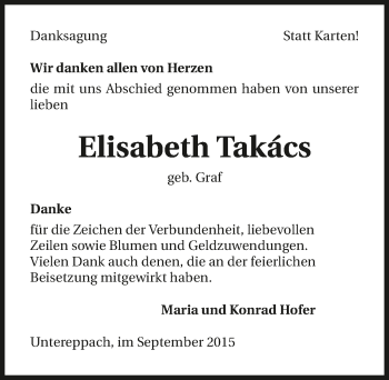 Traueranzeige von Elisabeth Takács 