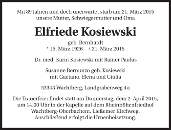 Traueranzeige von Elfriede Kosiewski 