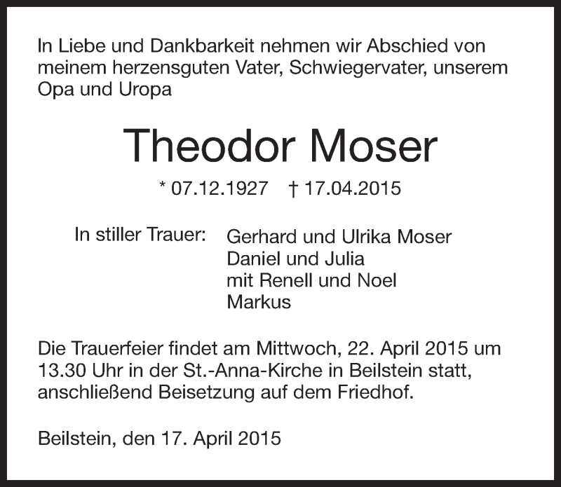  Traueranzeige für Theodor Moser vom 20.04.2015 aus 