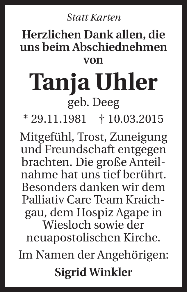  Traueranzeige für Tanja Uhler vom 28.03.2015 aus 