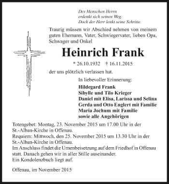 Traueranzeige von Heinrich Frank 