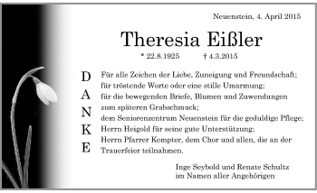 Traueranzeige von Theresia Eißler 