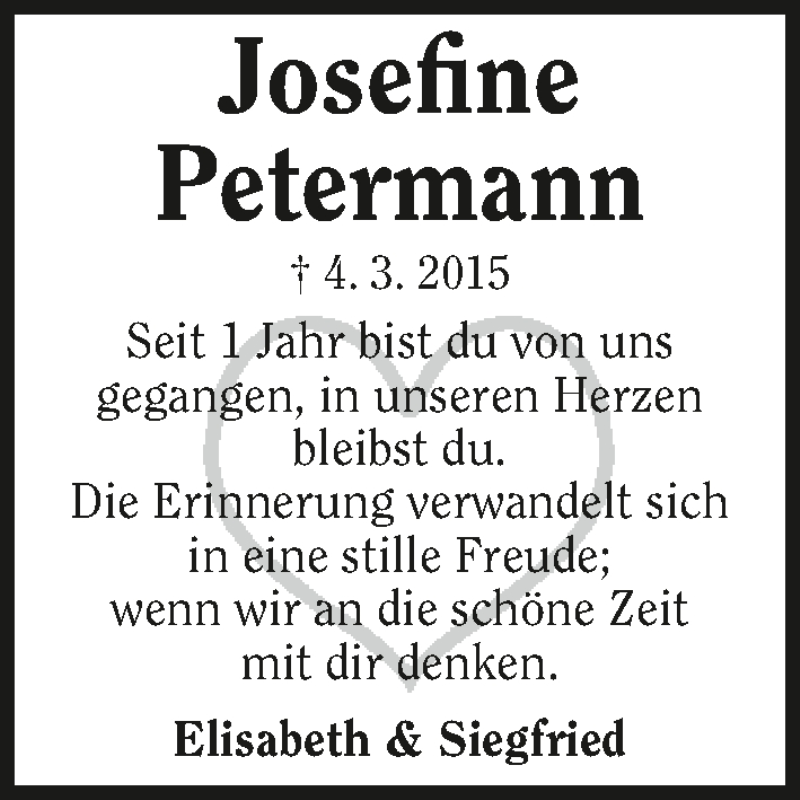  Traueranzeige für Josefine Petermann vom 04.03.2016 aus 