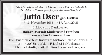 Traueranzeige von Jutta Oser 