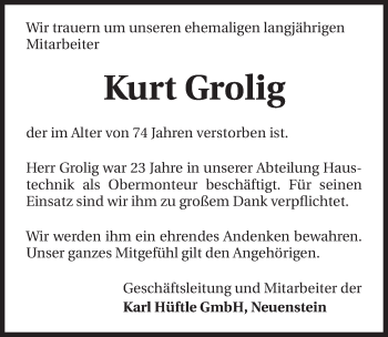 Traueranzeige von Kurt Grolig 