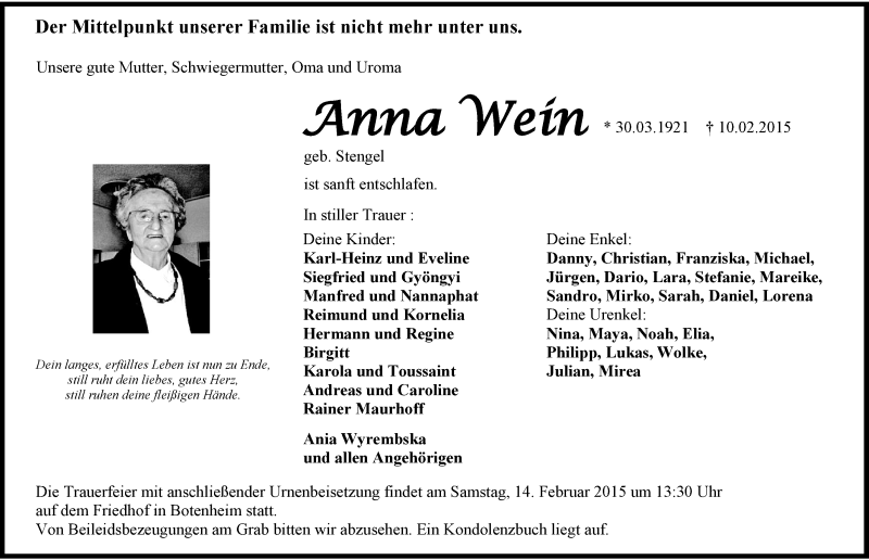  Traueranzeige für Anna Wein vom 12.02.2015 aus 