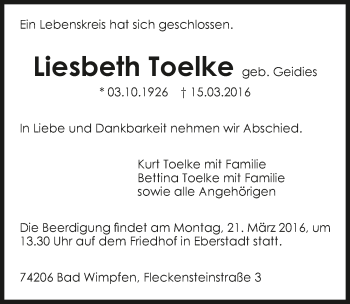 Traueranzeige von Liesbeth Toelke 