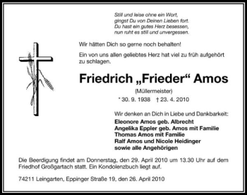 Traueranzeige von Friedrich Amos 