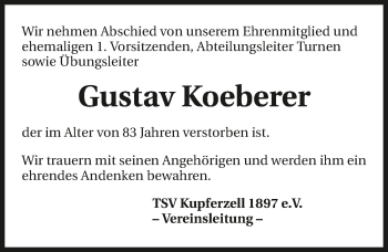 Traueranzeige von Gustav Koeberer 
