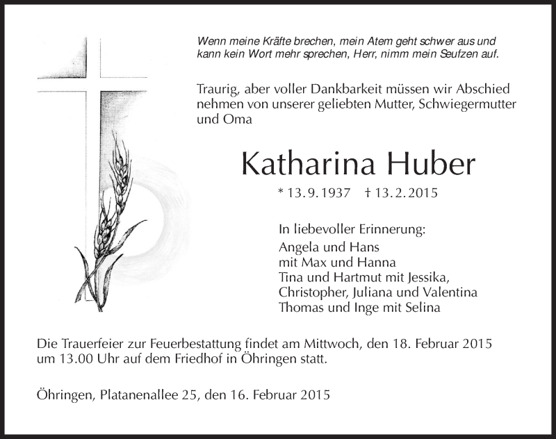 Traueranzeigen von Katharina Huber www.trauerundgedenken.de