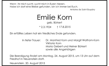 Traueranzeige von Emilie Korn 