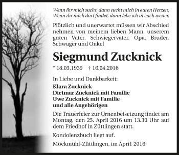 Traueranzeige von Siegmund Zucknick 