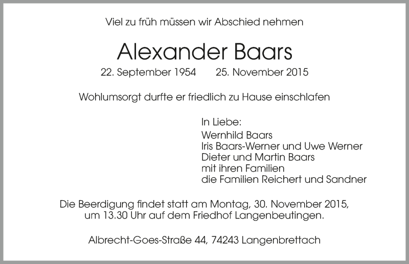  Traueranzeige für Alexander Baars vom 28.11.2015 aus 