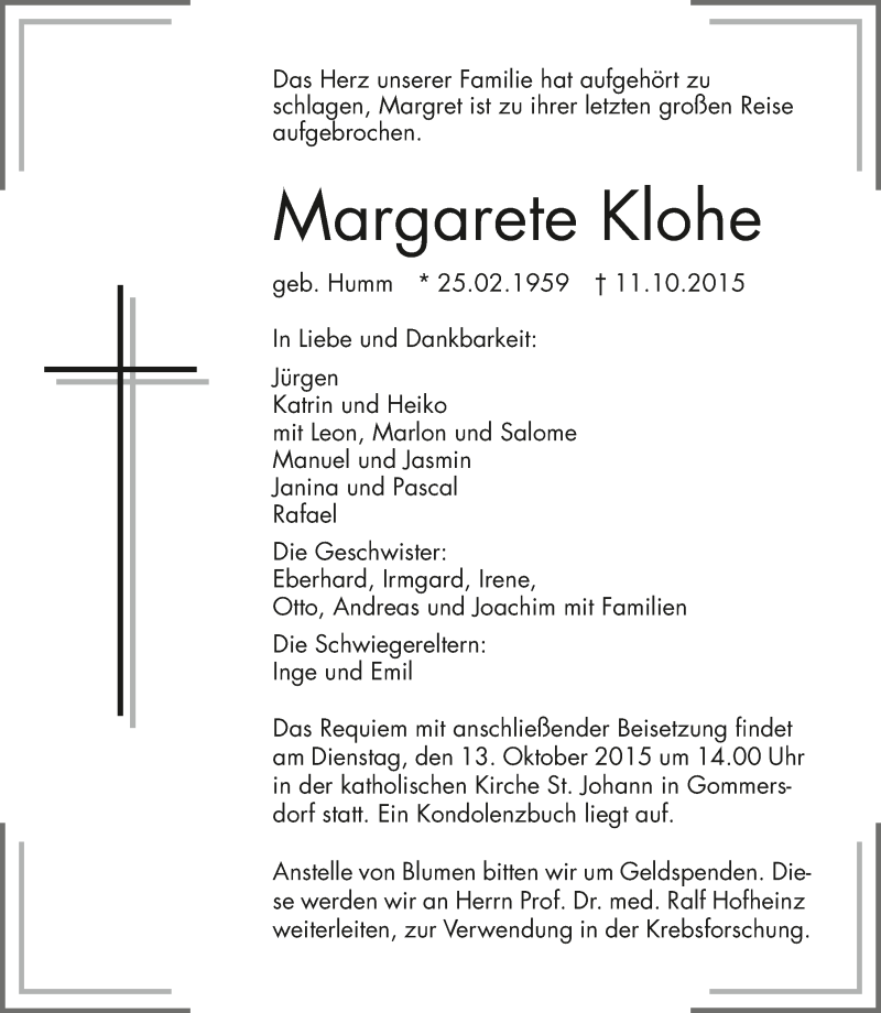  Traueranzeige für Margarete Klohe vom 12.10.2015 aus 