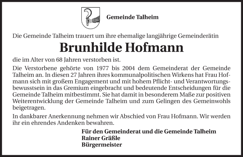  Traueranzeige für Brunhilde Hofmann vom 12.05.2015 aus 