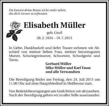 Traueranzeige von Elisabeth Müller 