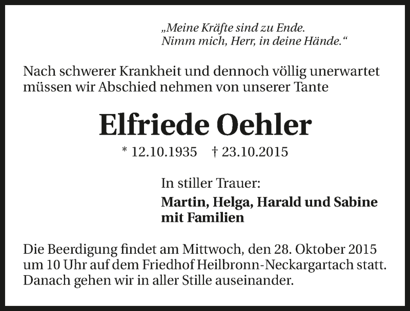  Traueranzeige für Elfriede Oehler vom 27.10.2015 aus 