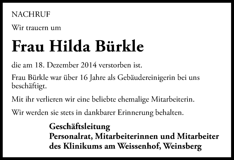  Traueranzeige für Hilda Bürkle vom 24.12.2014 aus 