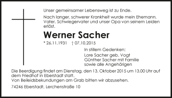Traueranzeige von Werner Sacher 