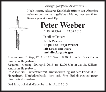 Traueranzeige von Peter Weeber 