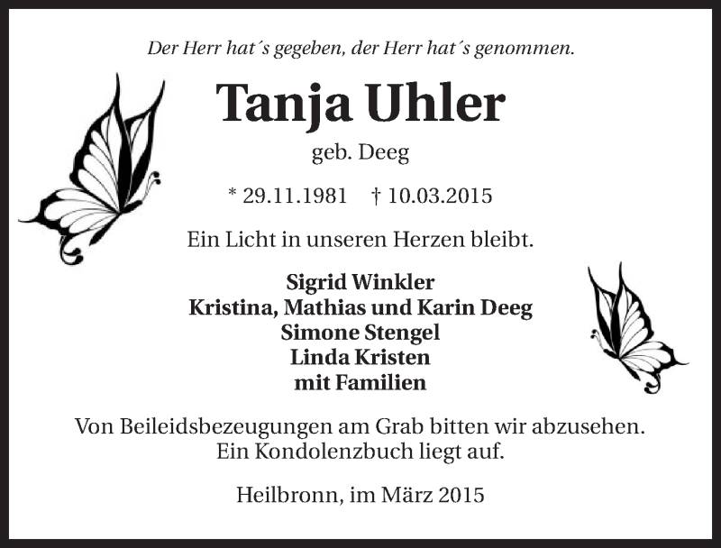  Traueranzeige für Tanja Uhler vom 14.03.2015 aus 