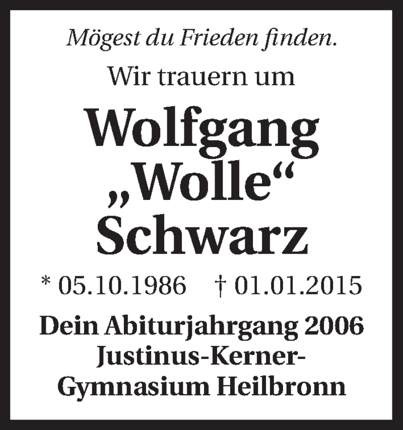  Traueranzeige für Wolfgang Schwarz vom 08.01.2015 aus 