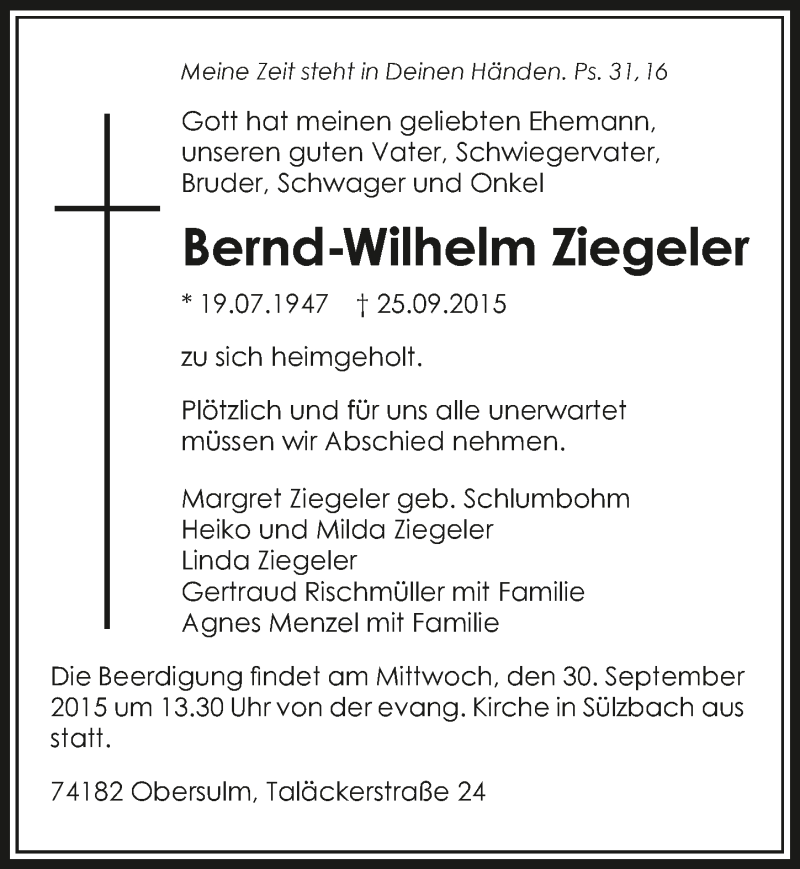  Traueranzeige für Bernd-Wilhelm Ziegeler vom 28.09.2015 aus 